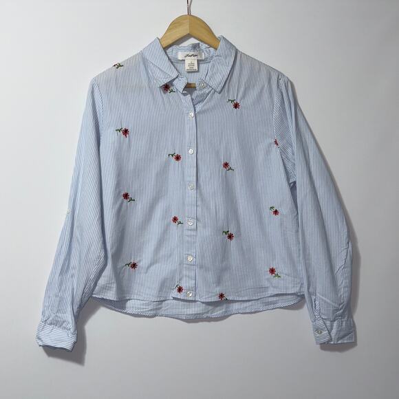 Love Potion Blue & White floral Striped Button Down Shirt women’s Size Large - Picture 1 of 6